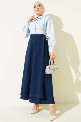 Parça Detaylı Bağlamalı Kot Etek Mavi - Etek