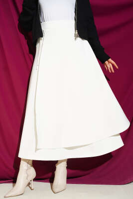 Parça Detaylı Bağlamalı Scuba Etek Ekru - TEGOE