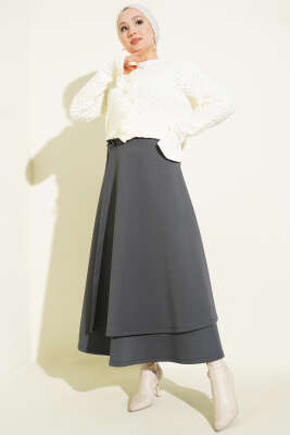 Parça Detaylı Bağlamalı Scuba Etek Füme - Etek