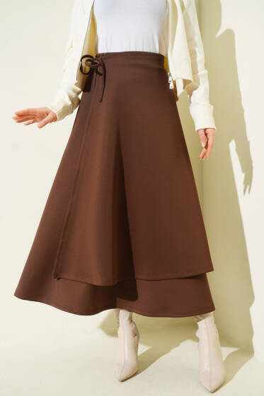 Parça Detaylı Bağlamalı Scuba Etek Kahve - Etek