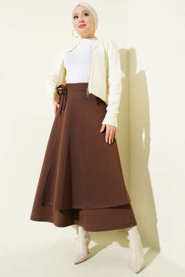 Parça Detaylı Bağlamalı Scuba Etek Kahve - Etek