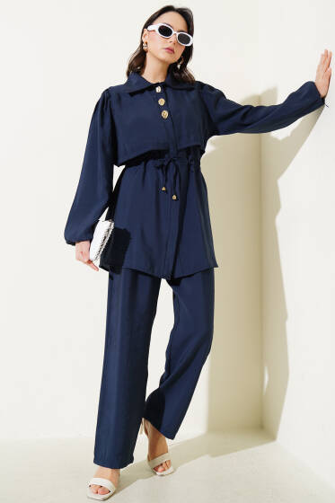 Parça Detaylı Bel Tünelli İkili Takım Lacivert - İkili Takım