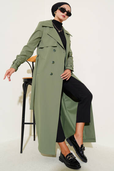 Parça Detaylı Bilek Kemerli Trençkot Haki - Trençkot
