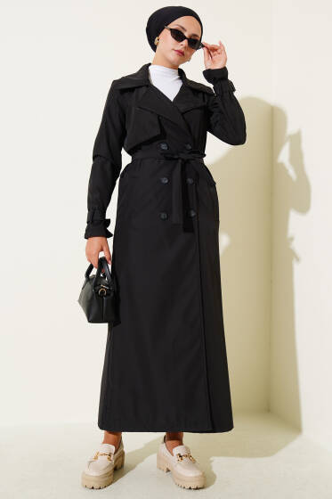 Parça Detaylı Bilek Kemerli Trençkot Siyah - Trençkot