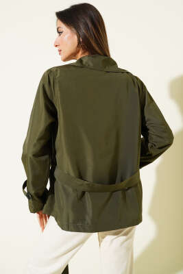 Parça Detaylı Düğmeli Kısa Trençkot Haki - Kadın Giyim Modelleri