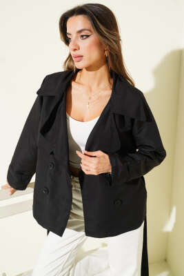 Parça Detaylı Düğmeli Kısa Trençkot Siyah - Kadın Giyim Modelleri