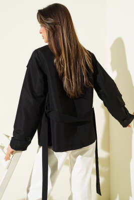 Parça Detaylı Düğmeli Kısa Trençkot Siyah - Kadın Giyim Modelleri