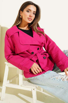 Parça Detaylı Düğmeli Kısa Trençkot Vişne - Kadın Giyim Modelleri