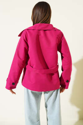 Parça Detaylı Düğmeli Kısa Trençkot Vişne - Kadın Giyim Modelleri