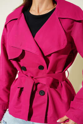 Parça Detaylı Düğmeli Kısa Trençkot Vişne - Kadın Giyim Modelleri