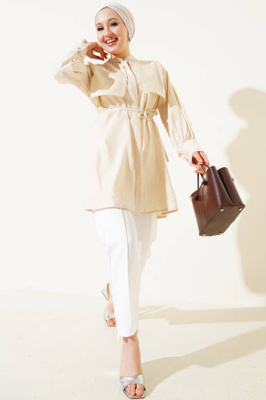Parça Detaylı İp Bağcıklı Gömlek Bej - Gömlek