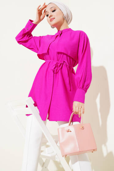 Parça Detaylı İp Bağcıklı Gömlek Fuşya - Gömlek