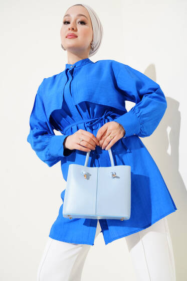 Parça Detaylı İp Bağcıklı Gömlek Saks - Gömlek