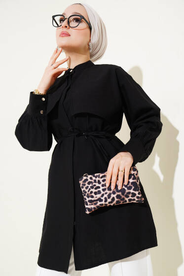 Parça Detaylı İp Bağcıklı Gömlek Siyah - Gömlek