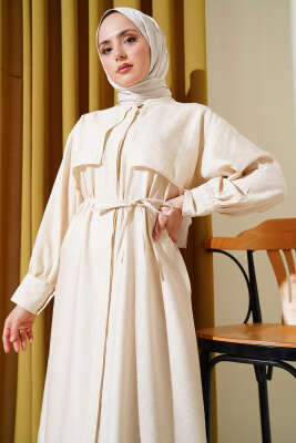 Parça Detaylı İp Kuşaklı Elbise Bej - Tesettür Elbise
