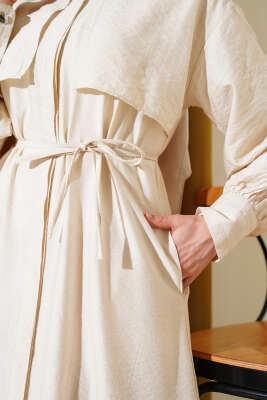 Parça Detaylı İp Kuşaklı Elbise Bej - Tesettür Elbise