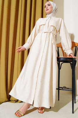 Parça Detaylı İp Kuşaklı Elbise Bej - Tesettür Elbise