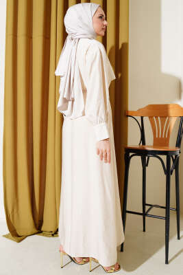 Parça Detaylı İp Kuşaklı Elbise Bej - Tesettür Elbise