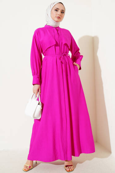Parça Detaylı İp Kuşaklı Elbise Fuşya - Elbise
