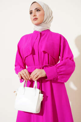 Parça Detaylı İp Kuşaklı Elbise Fuşya - Tesettür Elbise