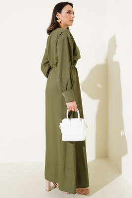 Parça Detaylı İp Kuşaklı Elbise Haki - Tesettür Elbise