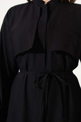 Parça Detaylı İp Kuşaklı Elbise Siyah - Tesettür Elbise