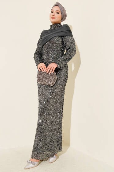 Parça Detaylı Pul Payet Abiye Antrasit - Elbise
