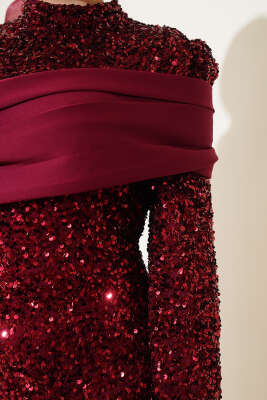 Parça Detaylı Pul Payet Abiye Bordo - Tesettür Elbise