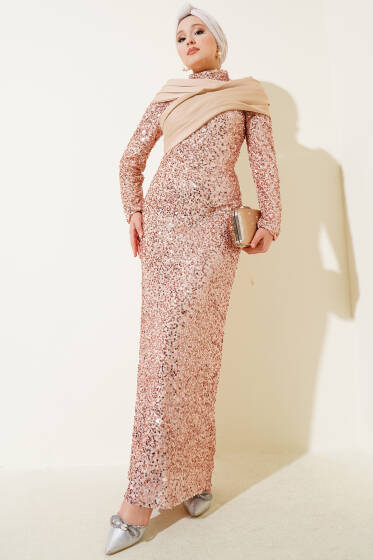Parça Detaylı Pul Payet Abiye Gold - Elbise
