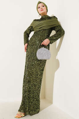 Parça Detaylı Pul Payet Abiye Haki 