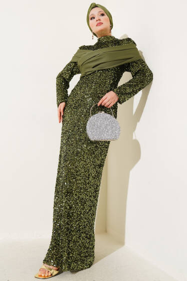 Parça Detaylı Pul Payet Abiye Haki - Tesettür Elbise