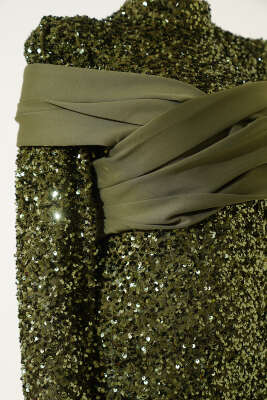 Parça Detaylı Pul Payet Abiye Haki - Tesettür Elbise