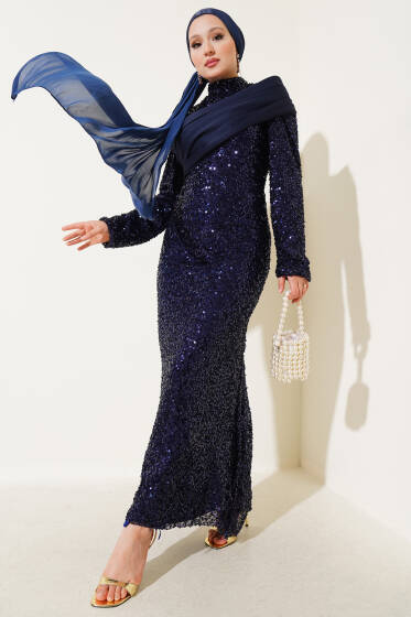 Parça Detaylı Pul Payet Abiye Lacivert - Elbise