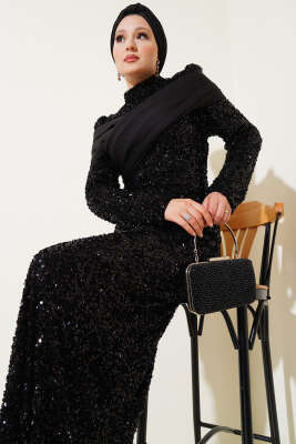 Parça Detaylı Pul Payet Abiye Siyah - Tesettür Elbise