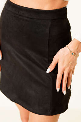 Parça Detaylı Süet Mini Etek Siyah - Yılın Fırsatı