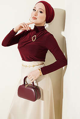 Parça Detaylı Tokalı Sandy Bluz Bordo - HATUN