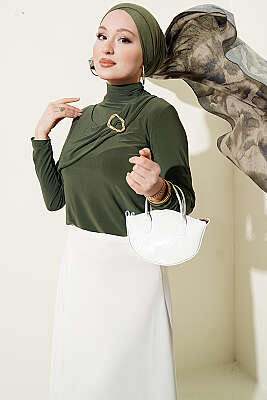 Parça Detaylı Tokalı Sandy Bluz Haki - HATUN