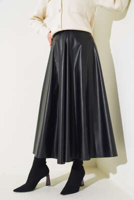 Parçalı Deri Kloş Etek Siyah - SAS