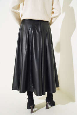Parçalı Deri Kloş Etek Siyah - Uzun Etek