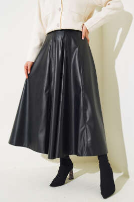 Parçalı Deri Kloş Etek Siyah - Uzun Etek