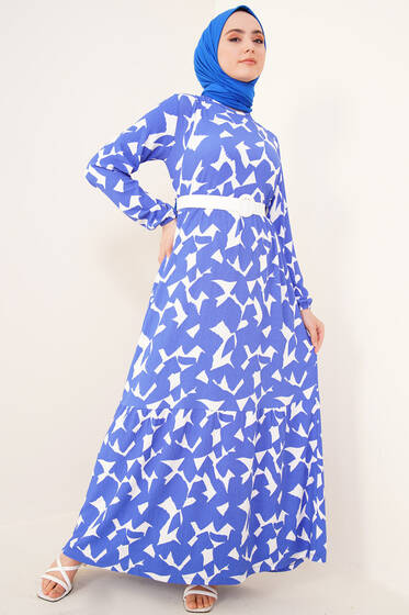 Parçalı Desen Bürümcük Elbise Saks - Tesettür Elbise
