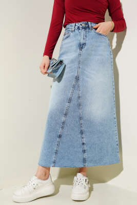 Parçalı Kot Etek Açık Mavi 