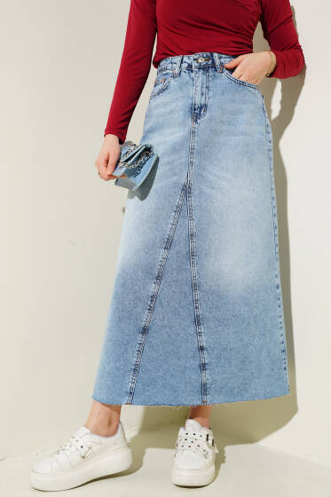 Parçalı Kot Etek Açık Mavi - Uzun Etek