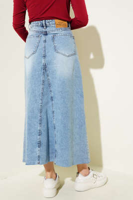 Parçalı Kot Etek Açık Mavi - Uzun Etek