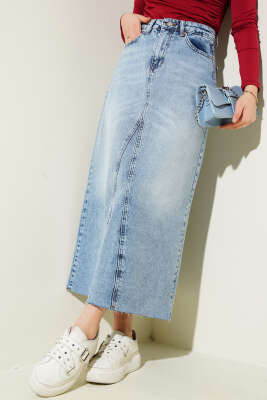 Parçalı Kot Etek Açık Mavi - Uzun Etek