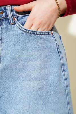 Parçalı Kot Etek Açık Mavi - Uzun Etek