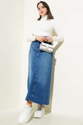 Parçalı Kot Etek Mavi - Uzun Etek