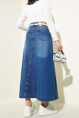 Parçalı Kot Etek Mavi - Uzun Etek