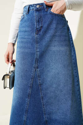 Parçalı Kot Etek Mavi - Uzun Etek