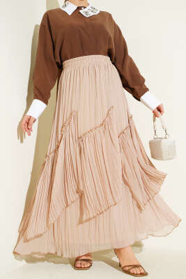 Parçalı Piliseli Şifon Etek Bej - ALİ AKKAYA